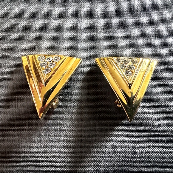 1990s Vintage Gold Tone Triangular Clip On Earrings with Clear Crystal Accents - Picture 6 of 11